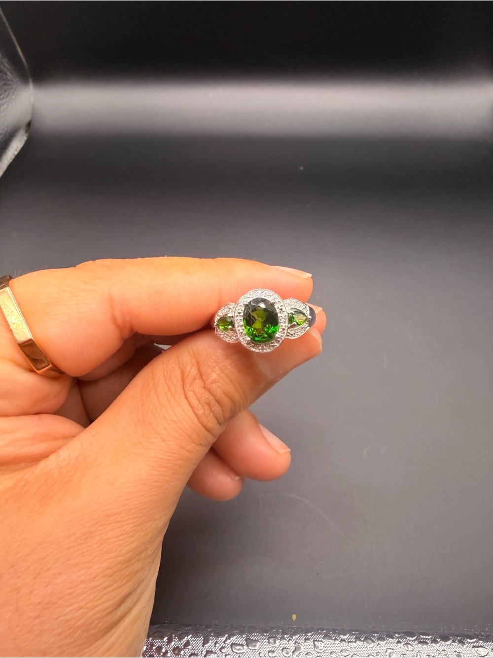 925 Sterling Silver Chrome Diopside & Diamond Ring Size 10.